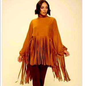 Mock Neck Faux Suede Fringe Poncho Style Top